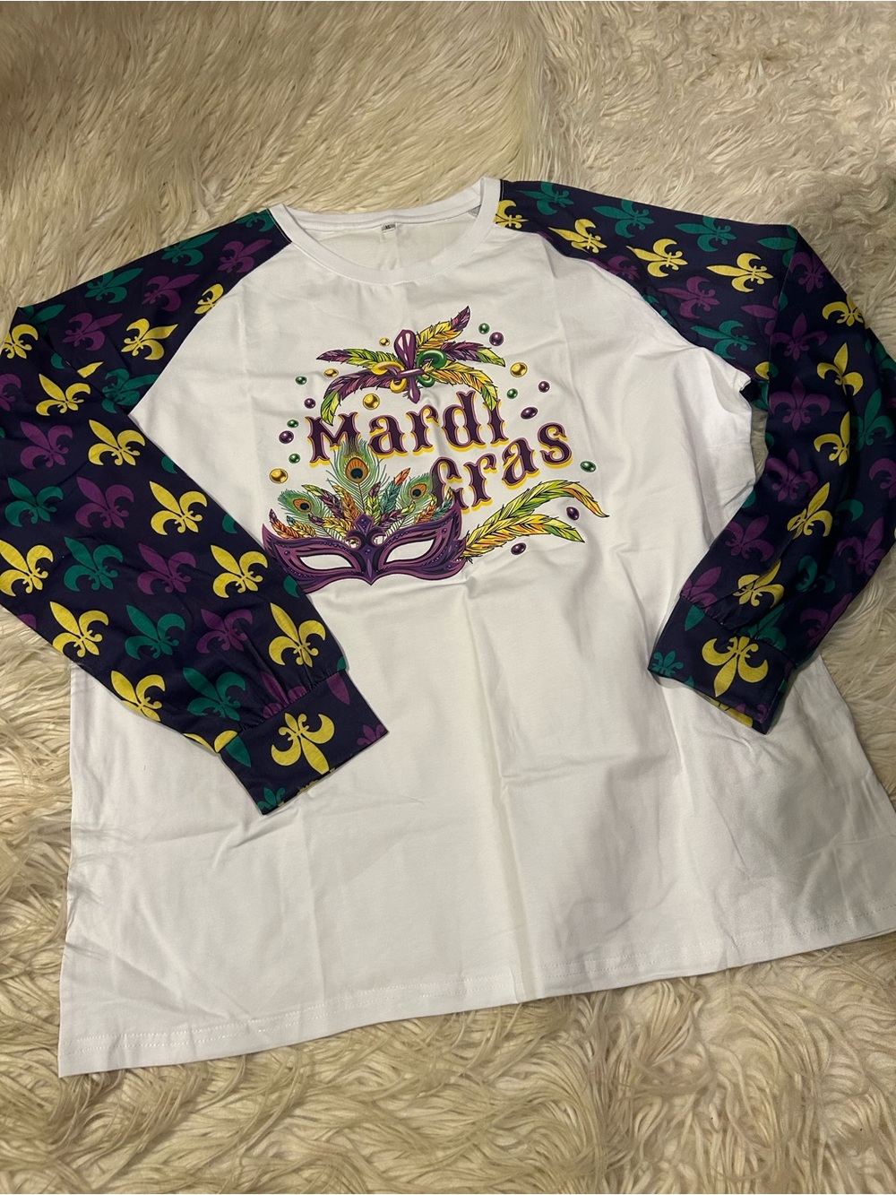 Mardi Gras Long Sleeve  - White with Purple & Green Sleeves